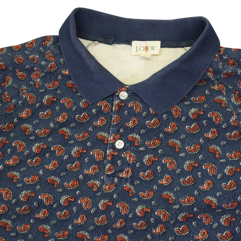 J Crew Oarsman Terry Cloth Polo Shirt Mens Large Blue Paisley Short Sleeve